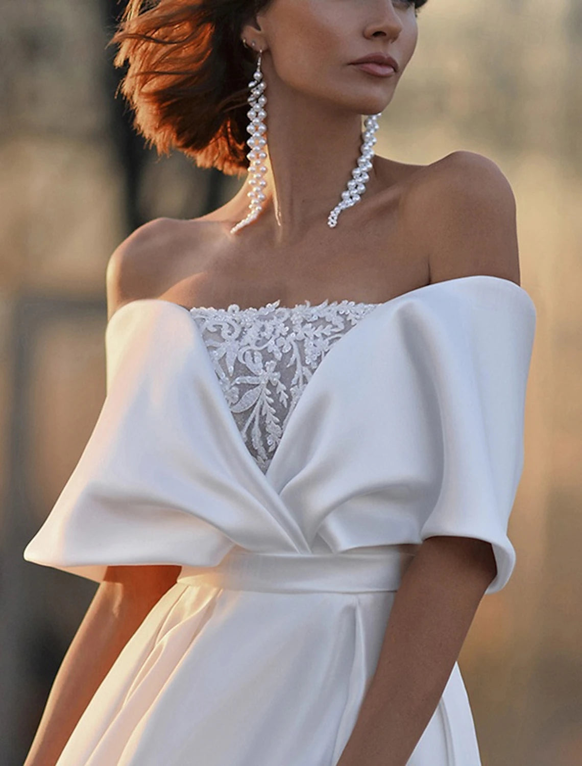 Buyishang Wedding Dresses A-Line Off Shoulder Half Sleeve Sweep / Brush Train Satin Bridal Gowns With Beading